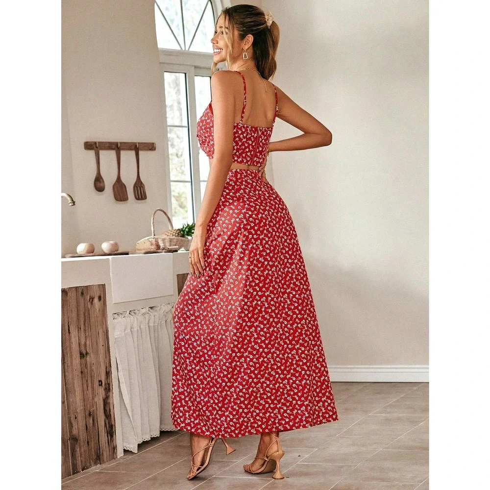 ❗️2 piece skirt set: boho Floral Print Cami Top & Split Thigh maxi Skirt - Picture 2 of 8